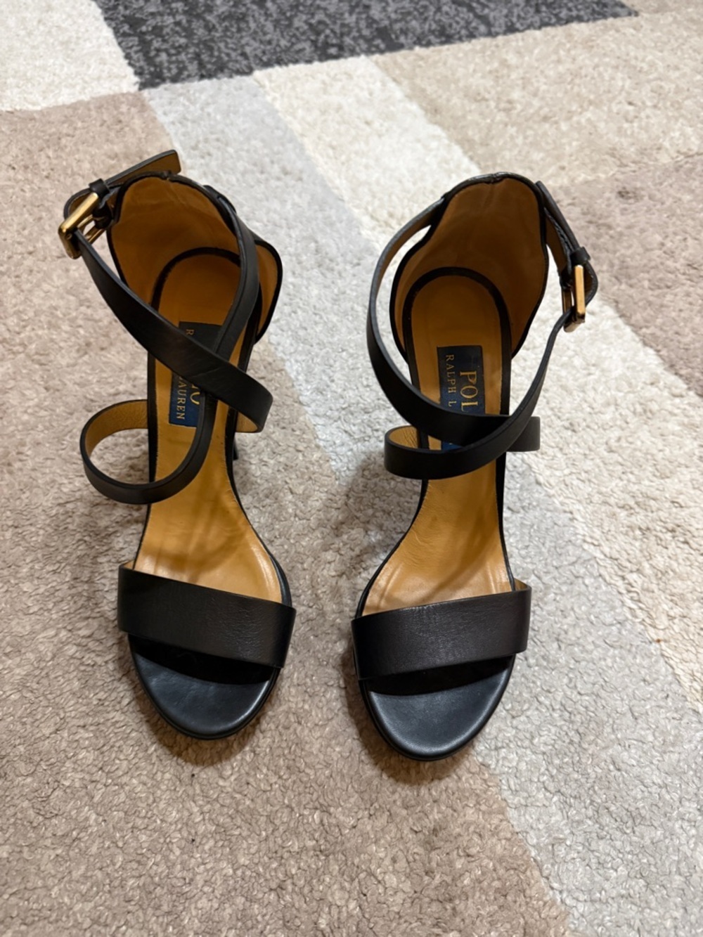 Polo by Ralph Lauren Black Leather Strappy Ankle-Heel Sandals